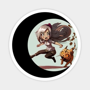 Chibi Girl and Her Cat (round) Magnet